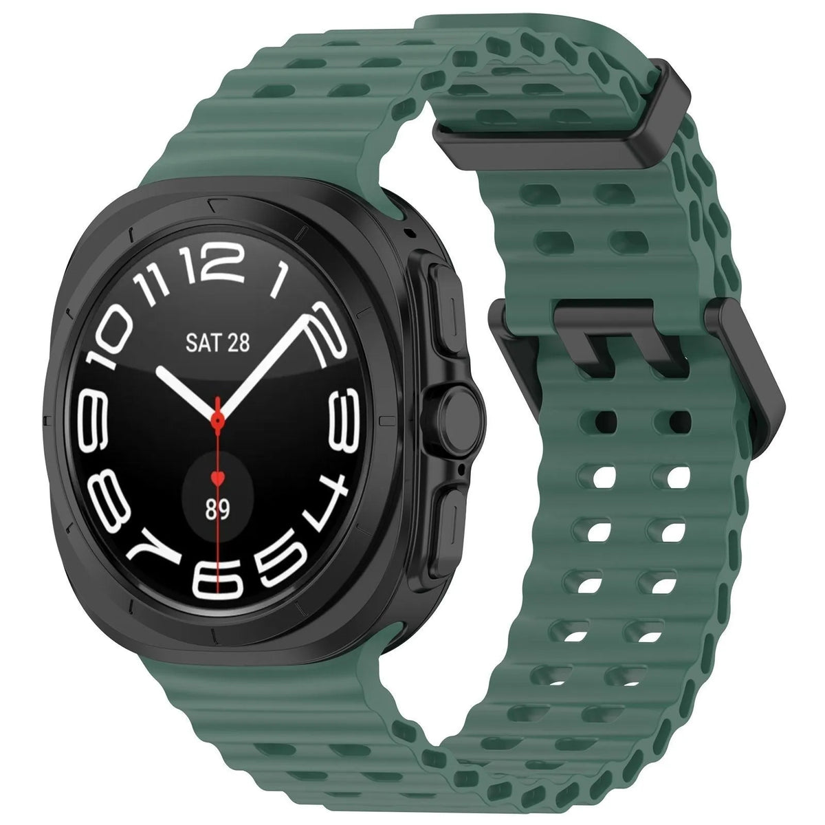 Silicone Ocean Strap, dark green, on a watch, 3/4 front view