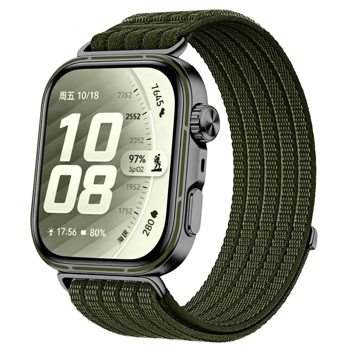 Ultra Thin Nylon Strap, dark green, on a watch, 3/4 front view