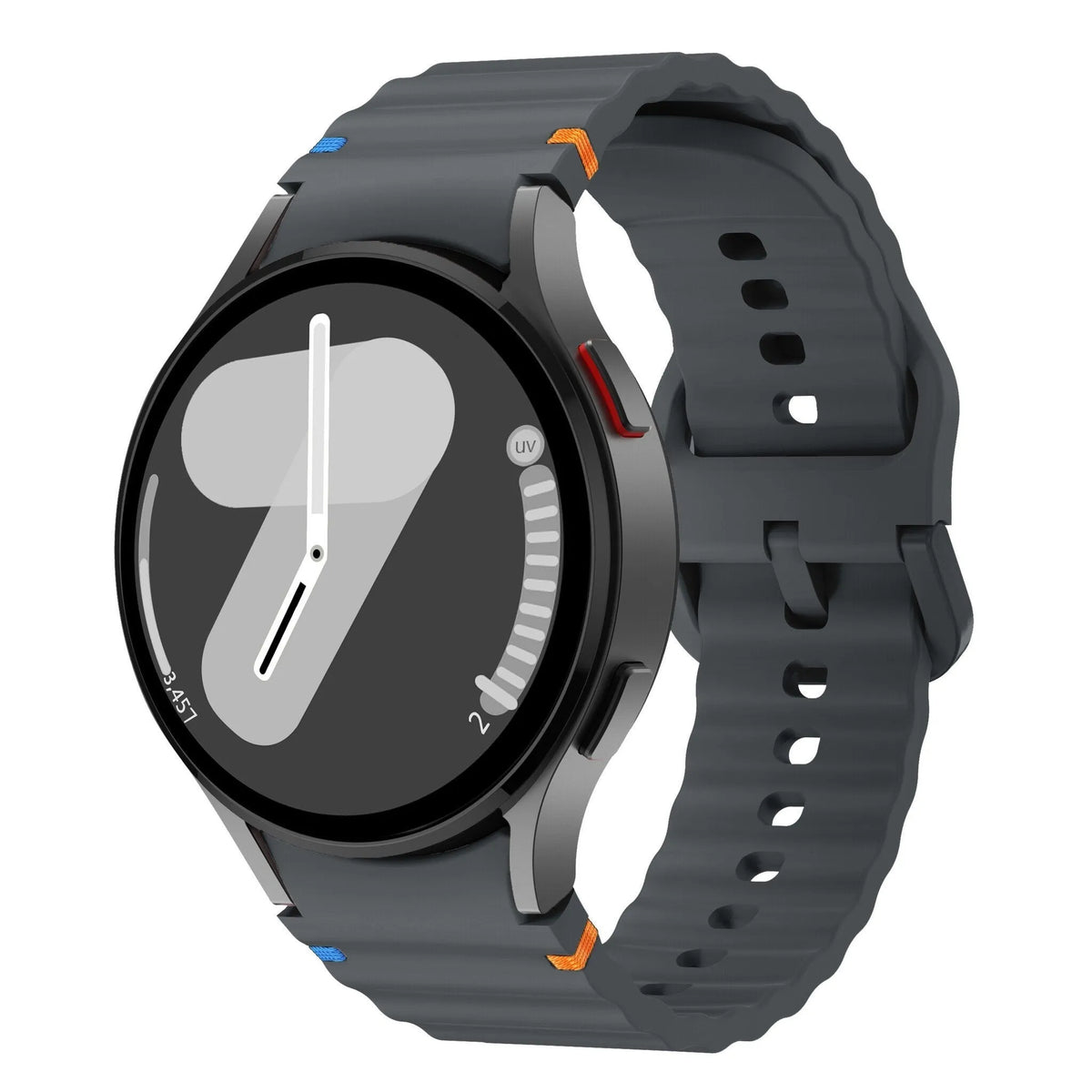 Wave Silicone Strap, graphite, on a watch, 3/4 front view