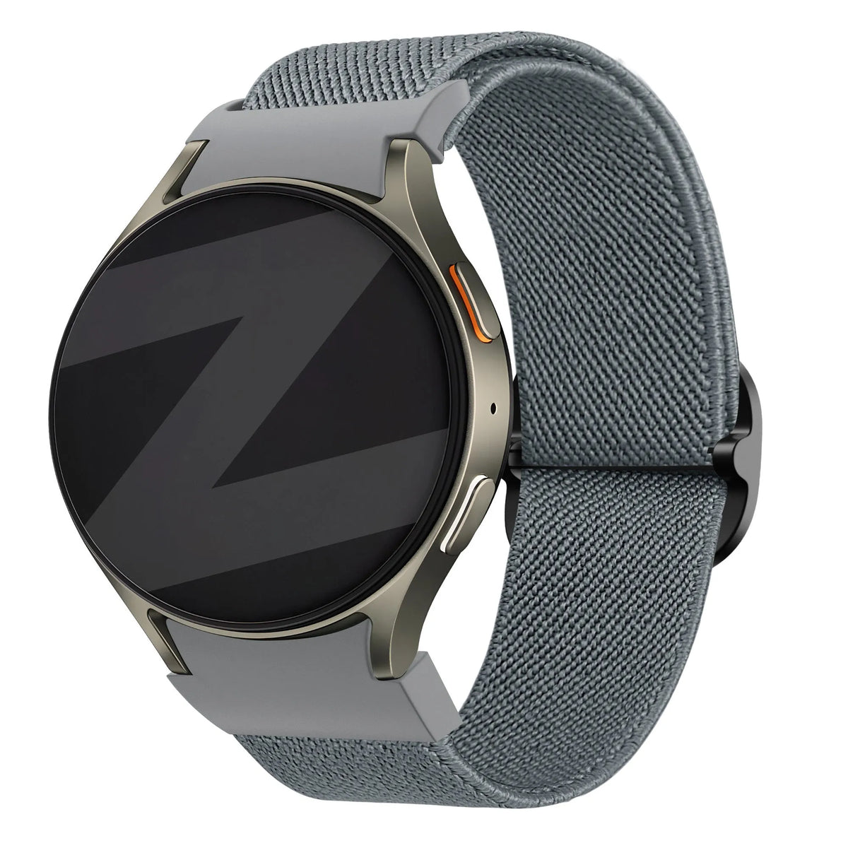 Nylon Elastic Strap 'Easy Fit', grey-blue, on a watch, 3/4 front view