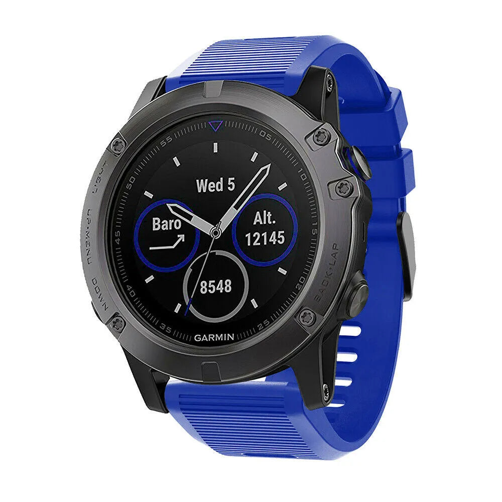 Silicone Strap, blue, on a watch, 3/4 front view