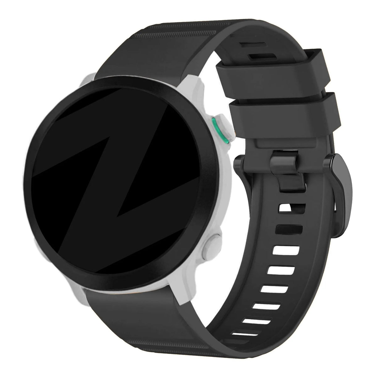 Buckled Silicone Strap, black, on a watch, 3/4 front view