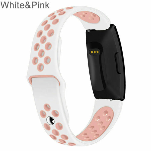 Silicone Sport Strap, white/pink, on a watch, 3/4 front view
