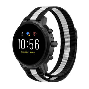 Milanese Strap, black/white, on a watch, 3/4 front view