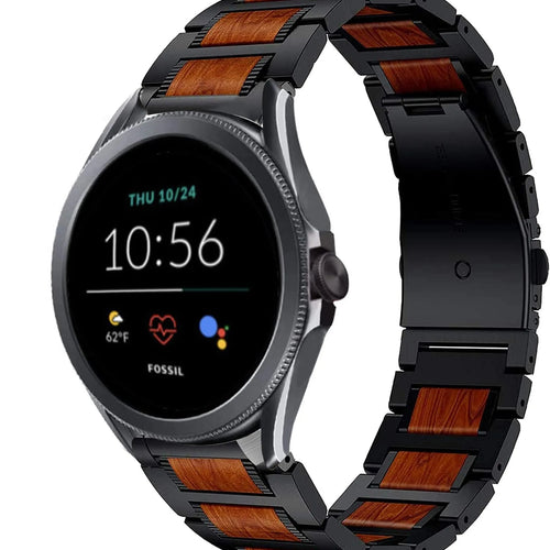 Wood Steel Strap, black, on a watch, 3/4 front view