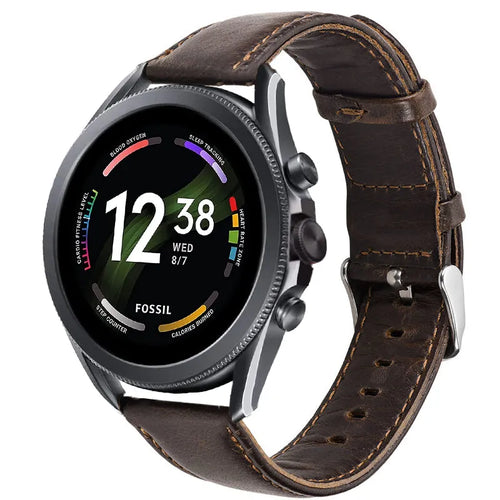 Leather Strap, dark brown, on a watch, 3/4 front view