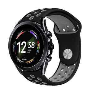 Silicone Sport Strap, black/grey, on a watch, 3/4 front view