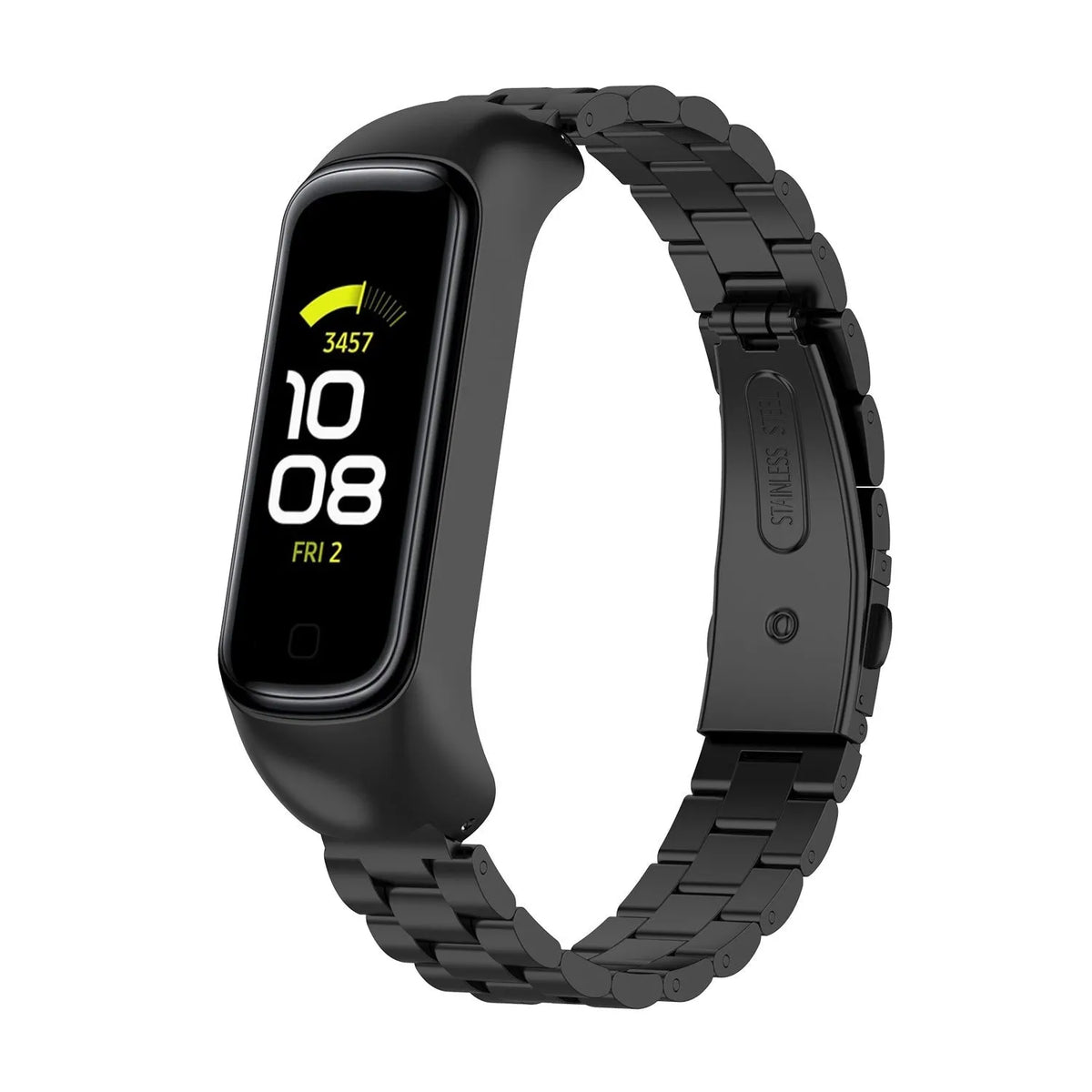 Steel Strap, black, on a watch, 3/4 front view