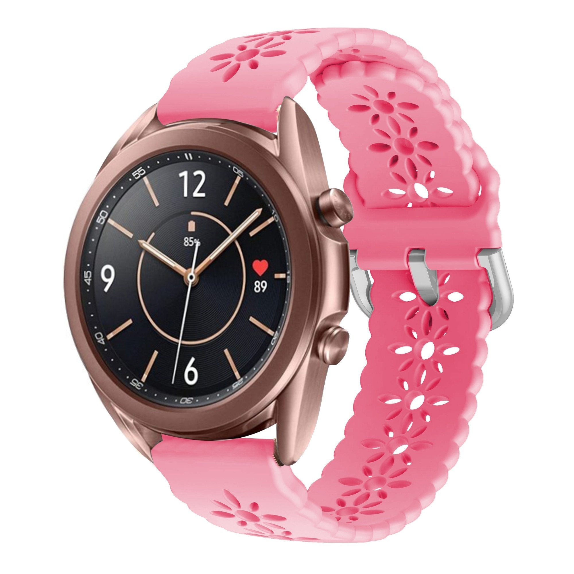 Patterned Silicone Strap, bright pink, on a watch, 3/4 front view