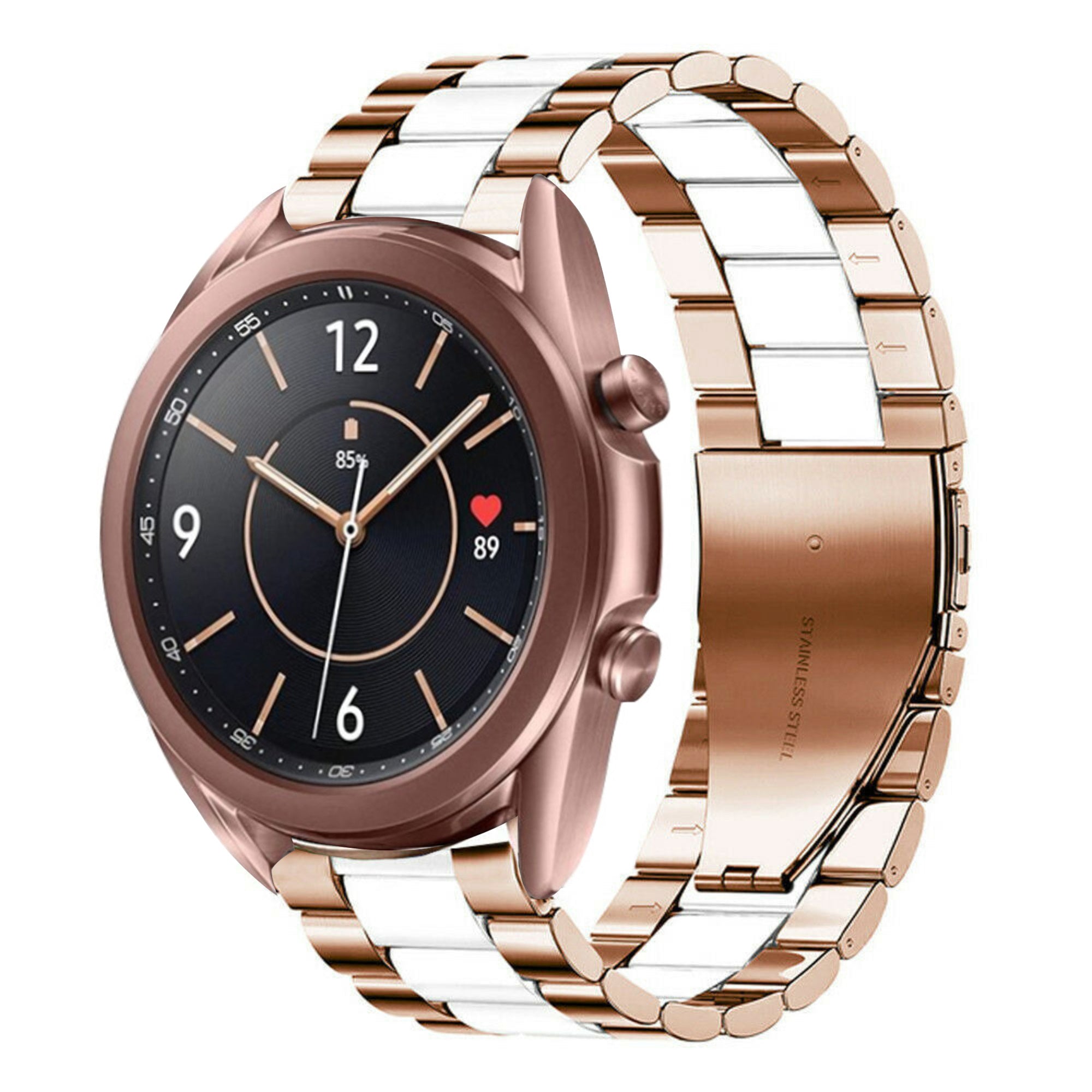 Steel Strap, rose gold/white, on a watch, 3/4 front view