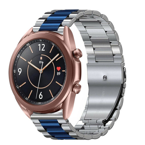 Steel Strap, silver/blue, on a watch, 3/4 front view