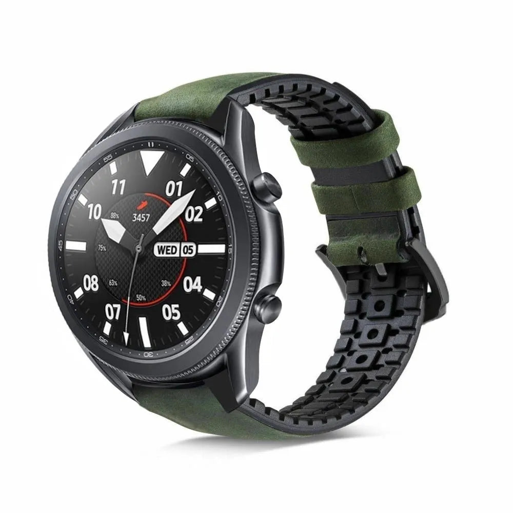 Leather / Silicone Strap, black/green, on a watch, 3/4 front view