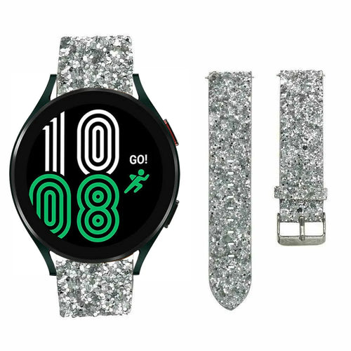 Leather Strap with Glitters, silver, on a watch, 3/4 front view