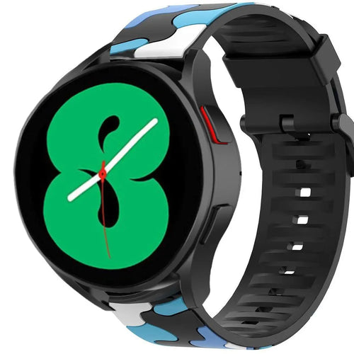 Silicone Camo Strap, blue, on a watch, 3/4 front view
