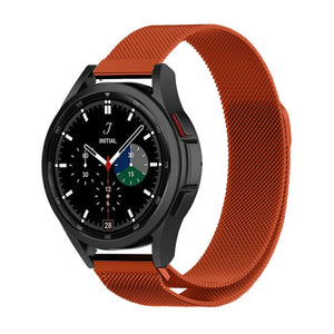 Milanese Strap, orange, on a watch, 3/4 front view