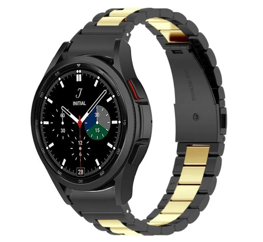 Steel Strap, black/gold, on a watch, 3/4 front view