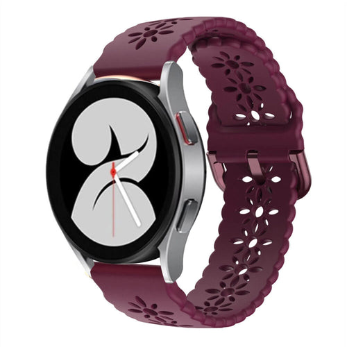 Patterned Silicone Strap, burgundy, on a watch, 3/4 front view