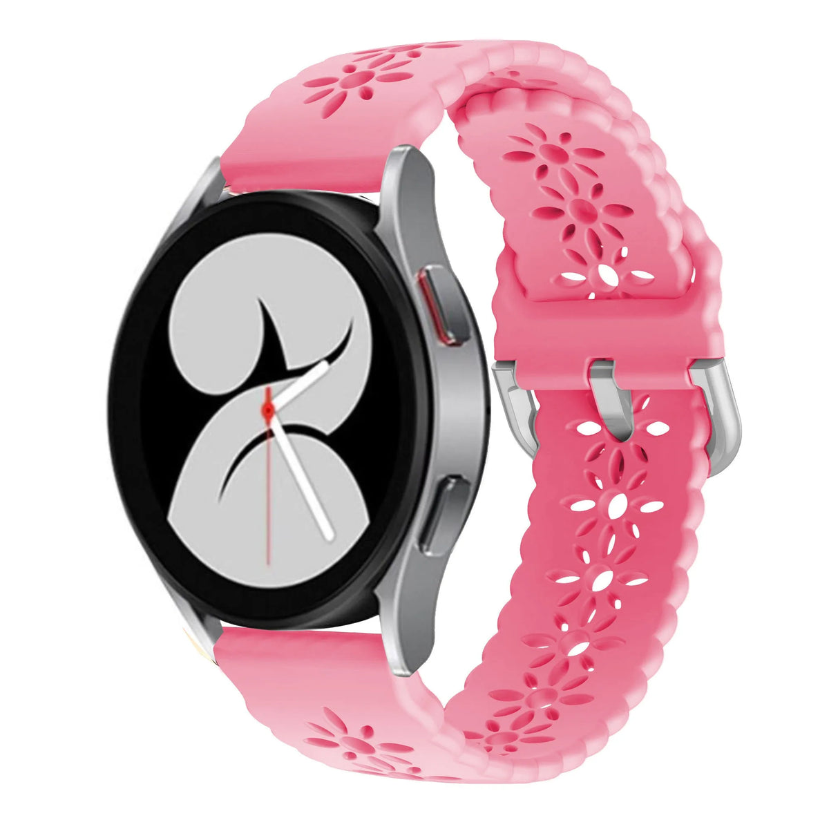 Patterned Silicone Strap, bright pink, on a watch, 3/4 front view