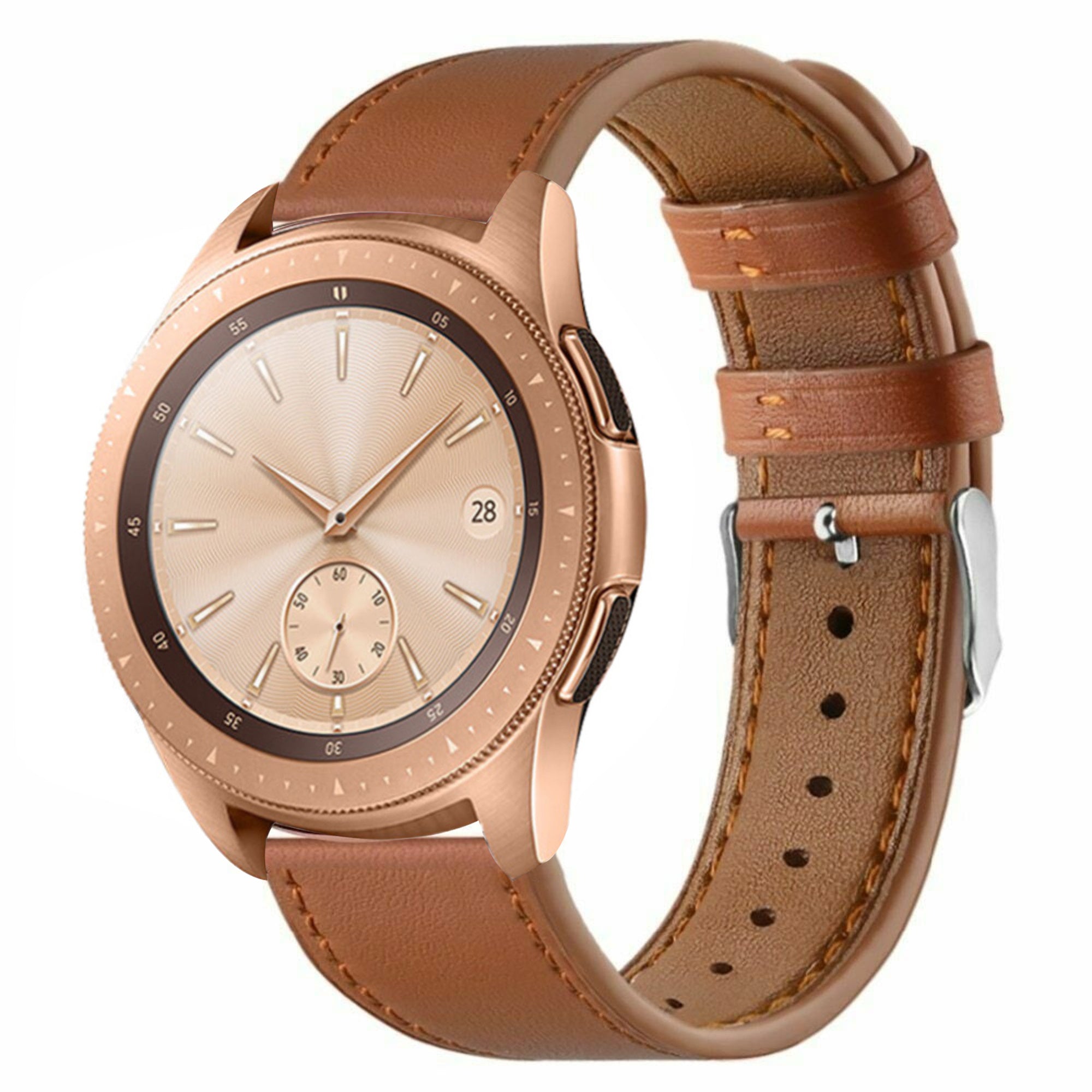 Modern Leather Strap, brown, on a watch, 3/4 front view
