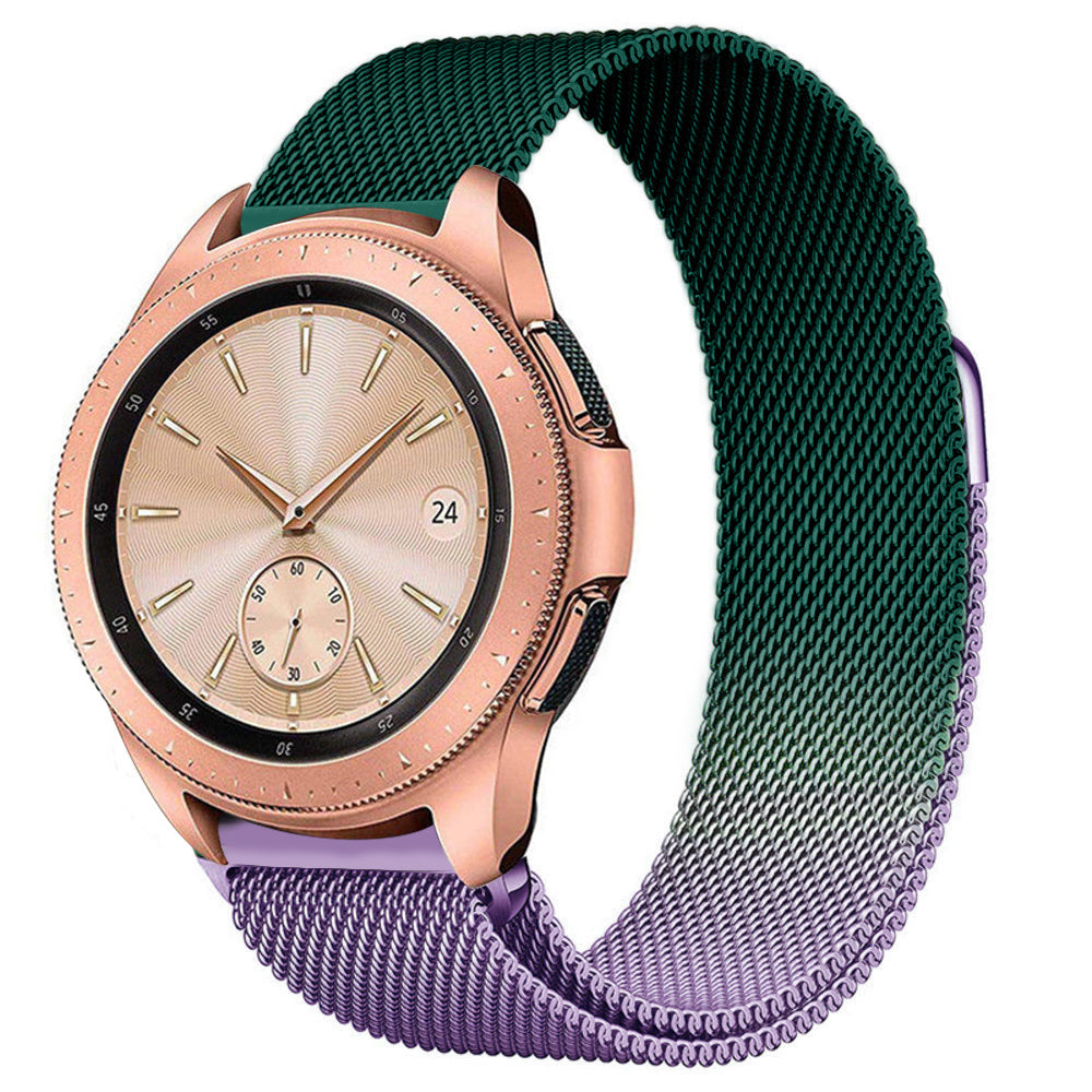 Milanese Strap, purple/green, on a watch, 3/4 front view