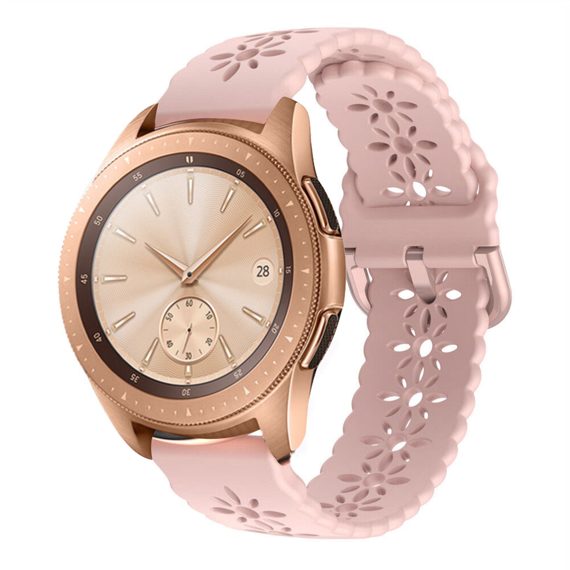 Patterned Silicone Strap, pink, on a watch, 3/4 front view