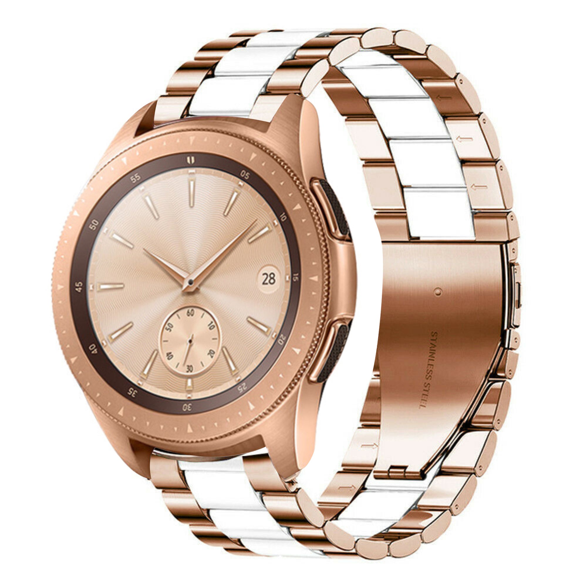 Steel Strap, rose gold/white, on a watch, 3/4 front view