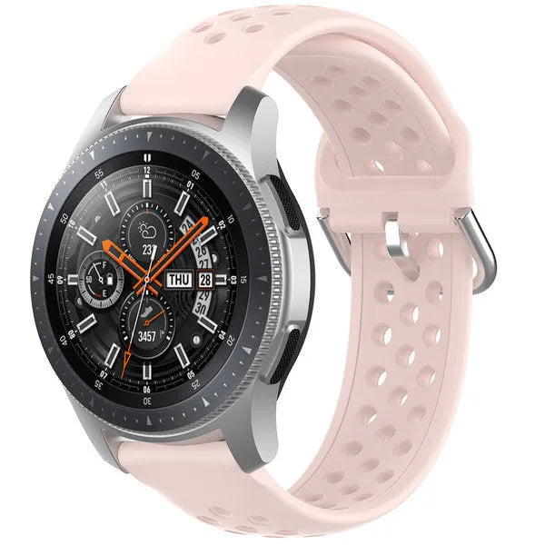 Breathable Silicone Strap, pink, on a watch, 3/4 front view