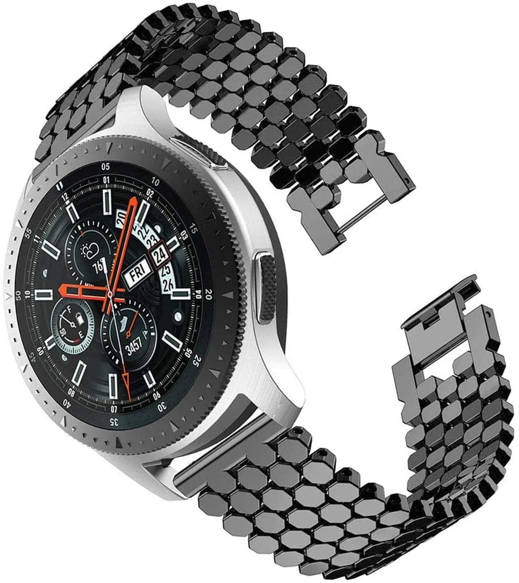 Steel Strap Hexagons, black, on a watch, 3/4 front view