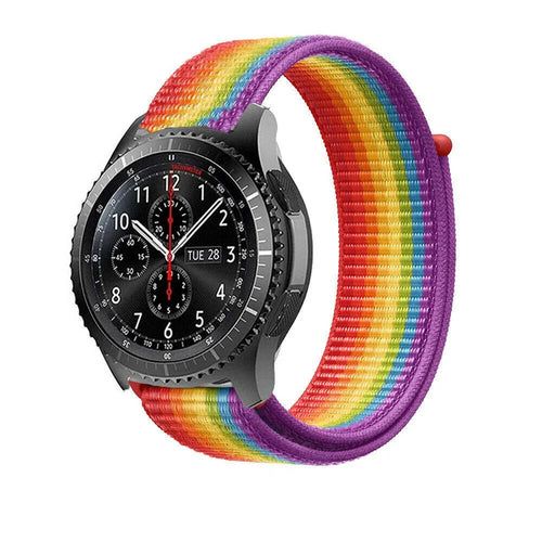 Nylon Strap, rainbow, on a watch, 3/4 front view