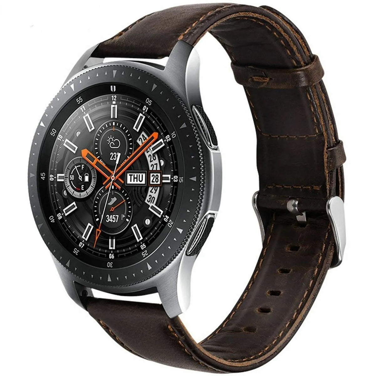 Leather Strap, dark brown, on a watch, 3/4 front view