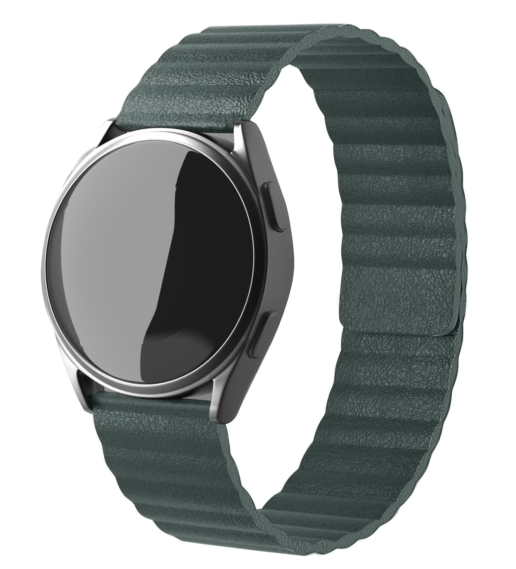 Leather Loop Strap, viridian, on a watch, 3/4 front view