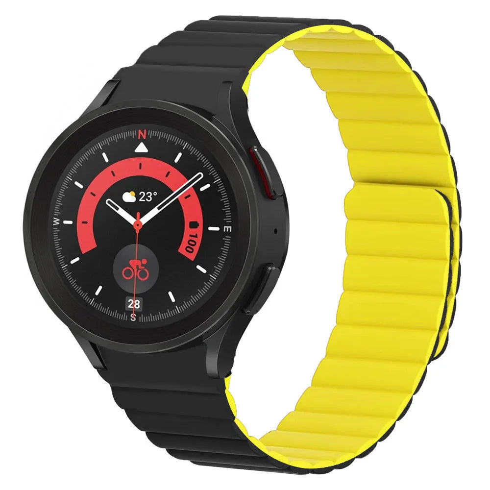 Magnetic Silicone Strap, black/yellow, on a watch, 3/4 front view
