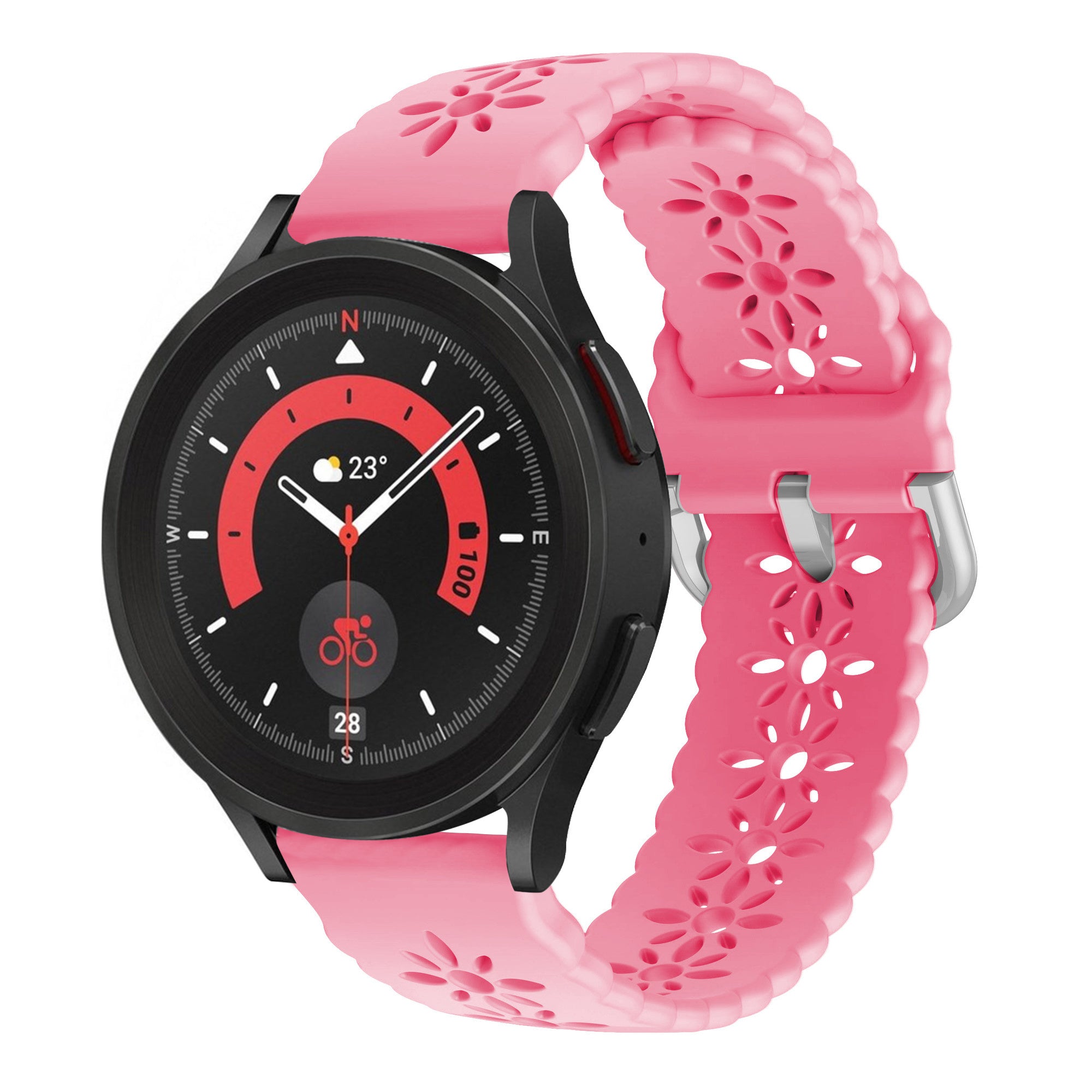 Patterned Silicone Strap, bright pink, on a watch, 3/4 front view