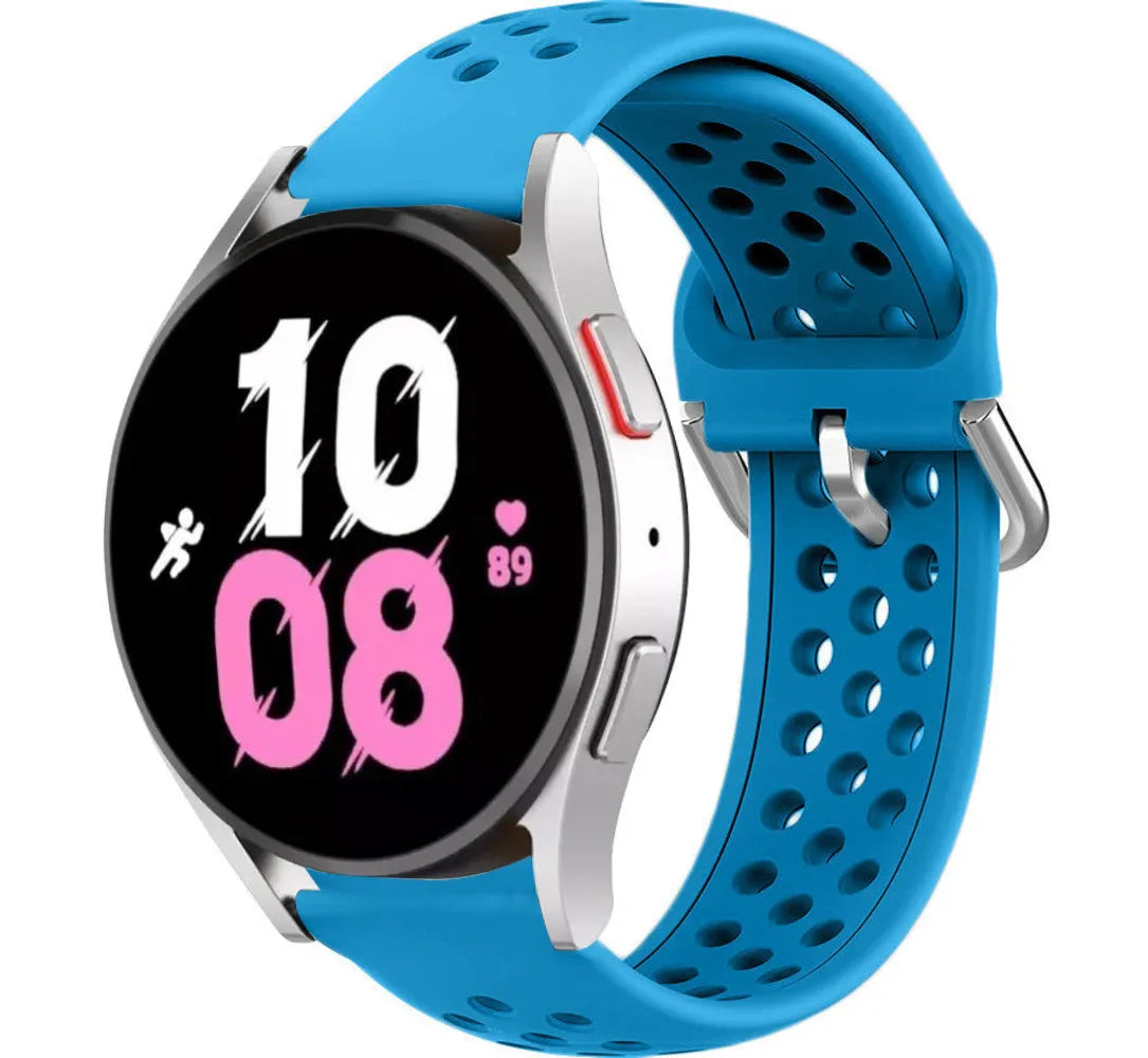 Breathable Silicone Strap, light blue, on a watch, 3/4 front view
