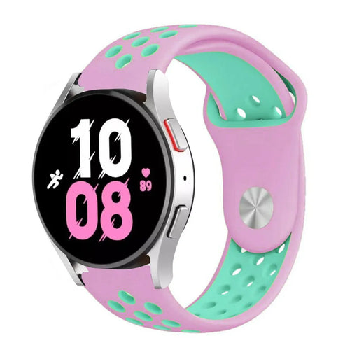 Silicone Sport Strap, pink/aqua, on a watch, 3/4 front view