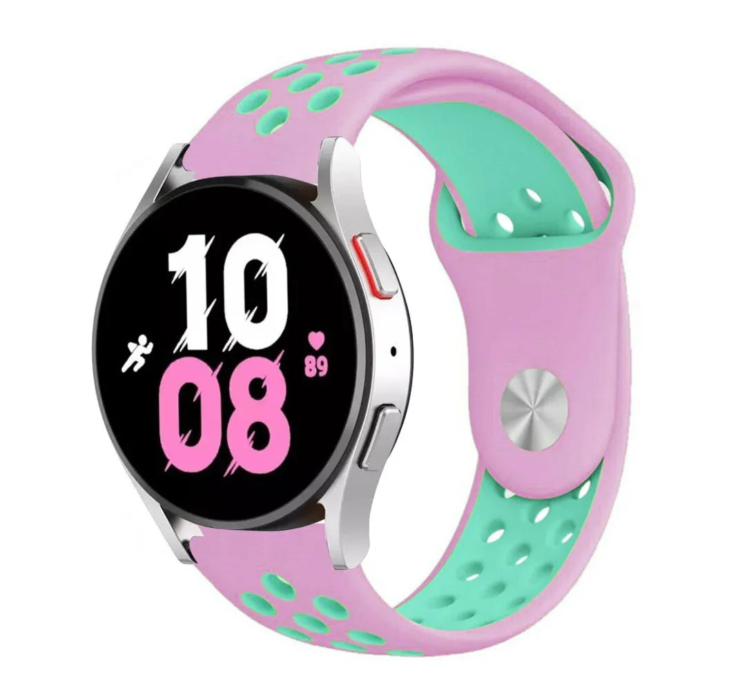 Silicone Sport Strap, pink/aqua, on a watch, 3/4 front view