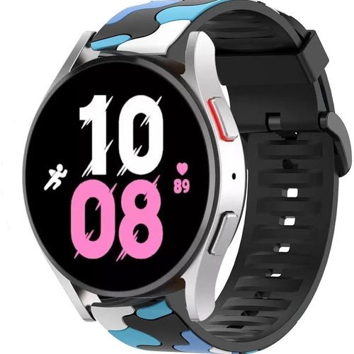 Silicone Camo Strap, blue, on a watch, 3/4 front view