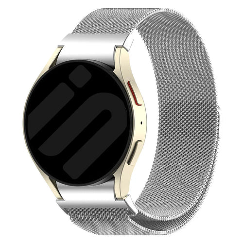 Milanese Strap 'One Push', silver, on a watch, 3/4 front view
