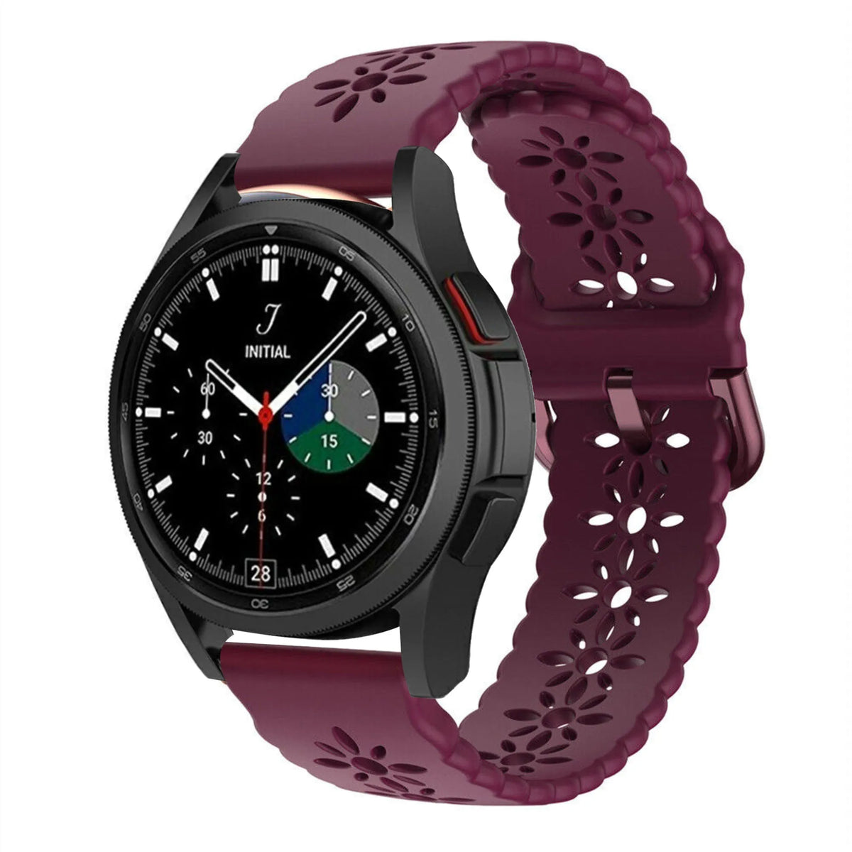 Patterned Silicone Strap, burgundy, on a watch, 3/4 front view