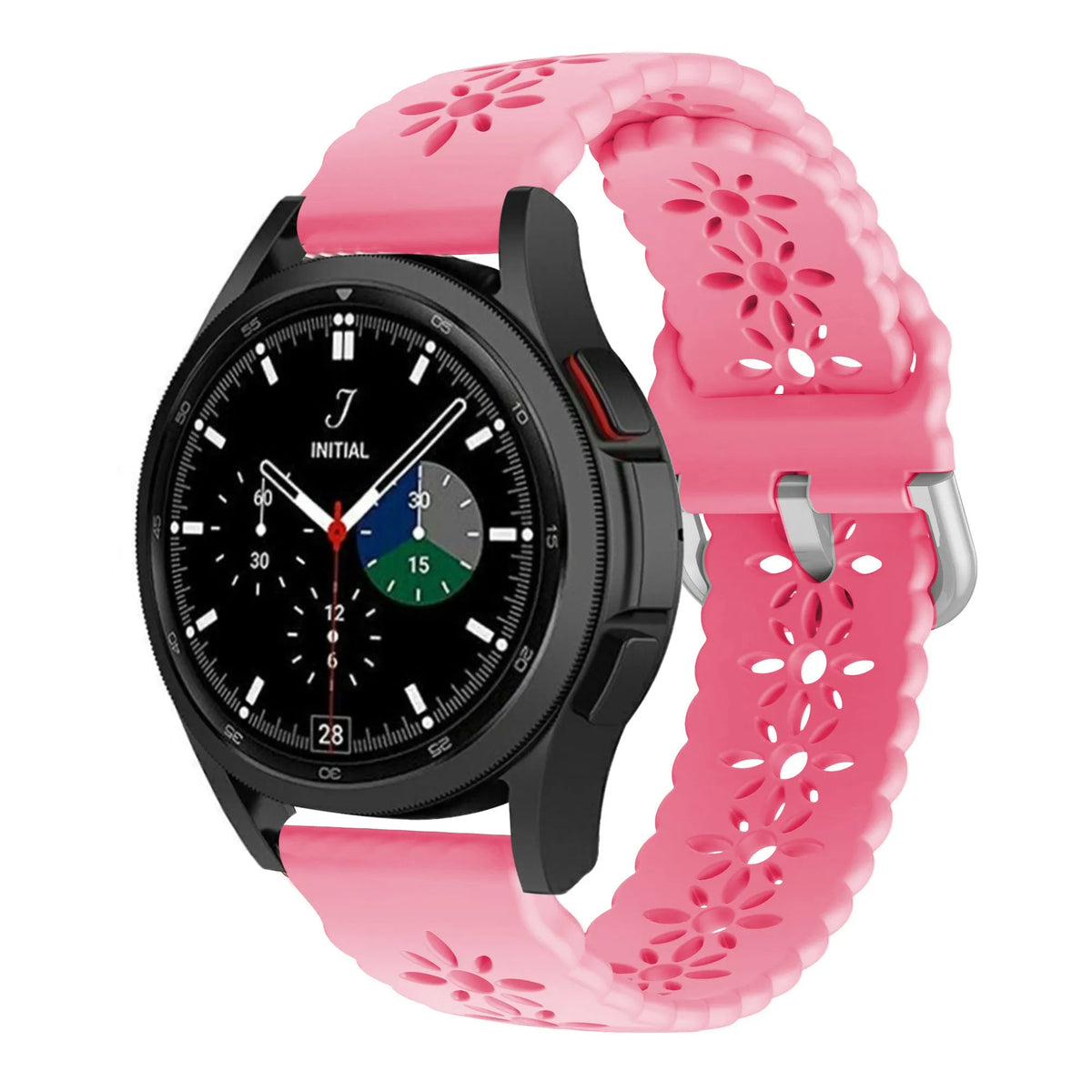 Patterned Silicone Strap, bright pink, on a watch, 3/4 front view