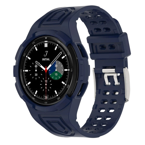 Silicone Strap with Frame, dark blue, on a watch, 3/4 front view