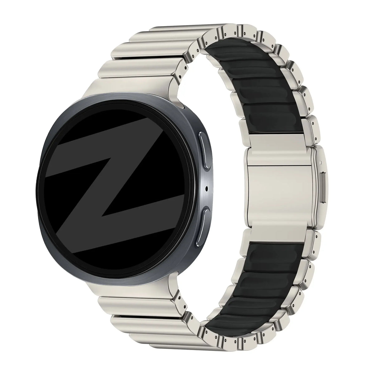 Titanium Strap 'Hybrid', titanium/black, on a watch, 3/4 front view