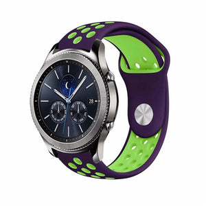 Silicone Sport Strap, purple/green, on a watch, 3/4 front view
