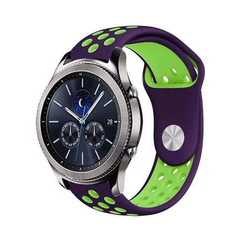 Silicone Sport Strap, purple/green, on a watch, 3/4 front view