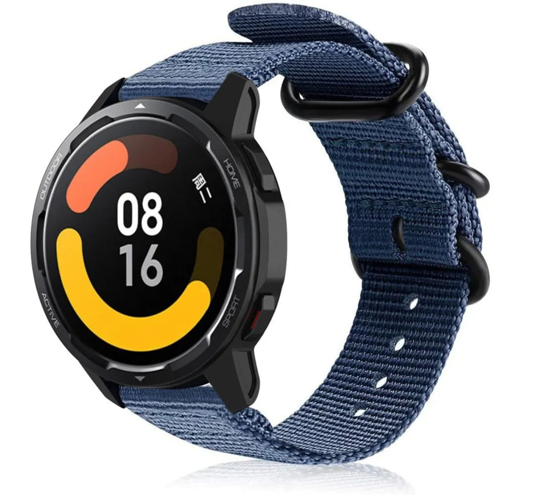 Nylon Buckle Strap, blue, on a watch, 3/4 front view
