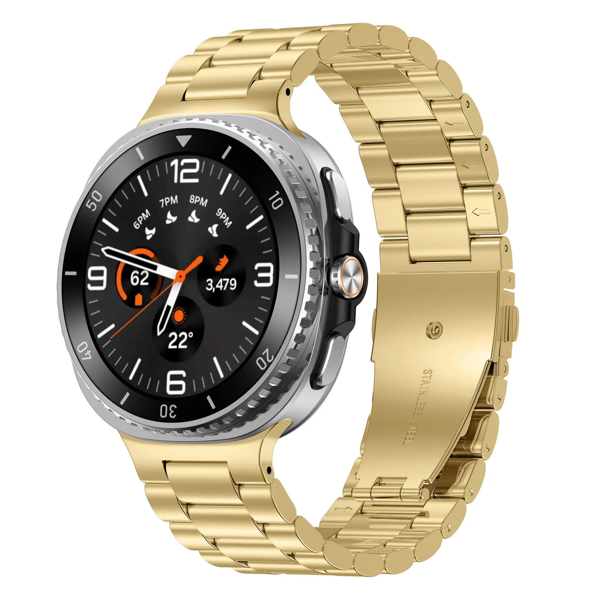 Steel Strap, gold, on a watch, 3/4 front view
