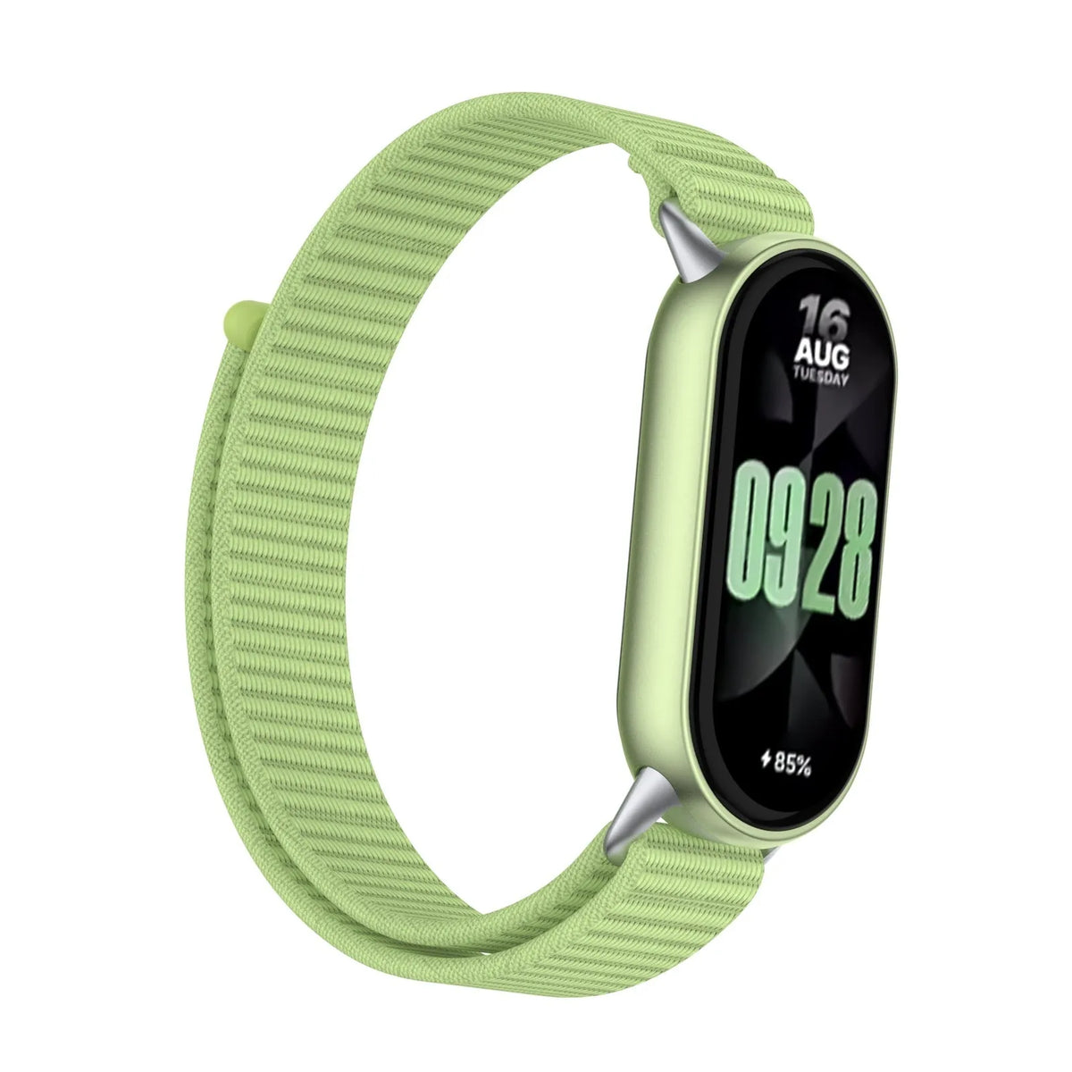 Modern Nylon Strap, field green, on a watch, 3/4 front view