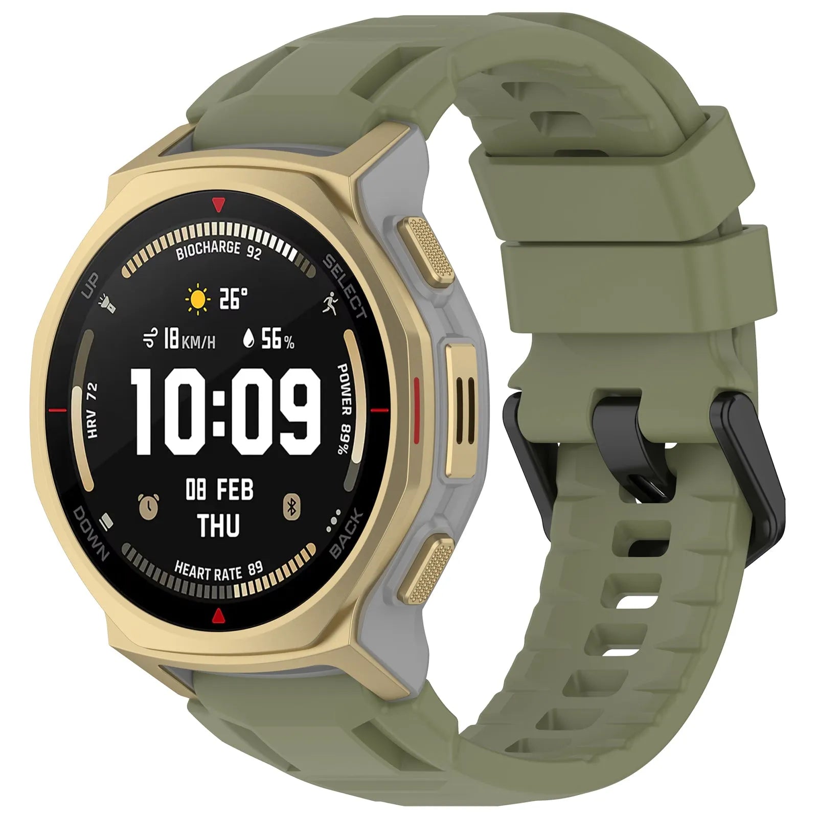 Silicone Strap, green, on a watch, 3/4 front view