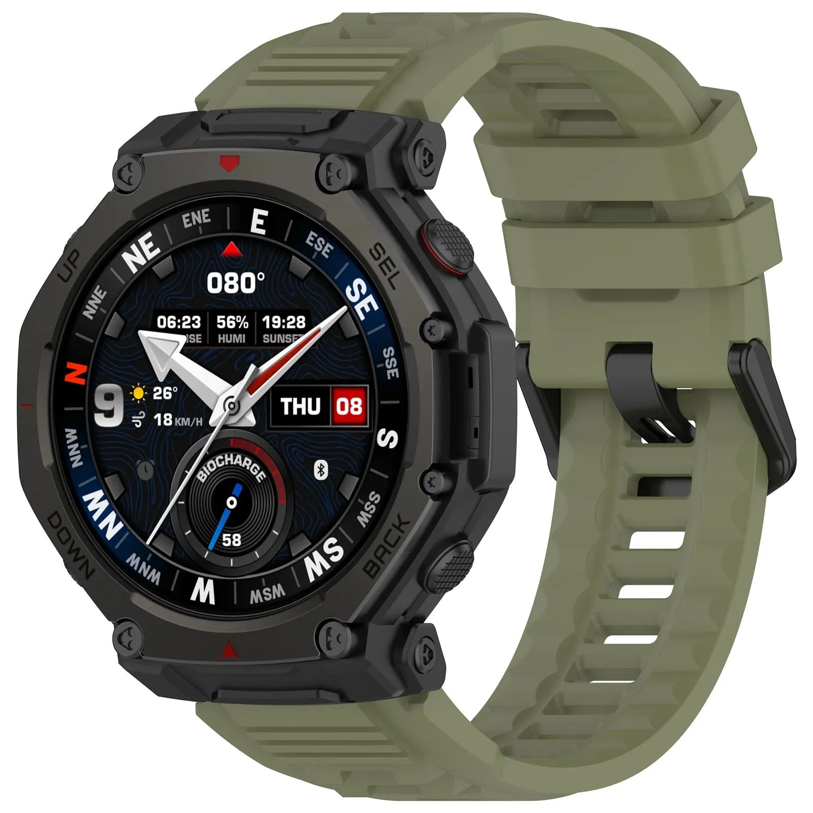 Silicone Strap, dark green, on a watch, 3/4 front view