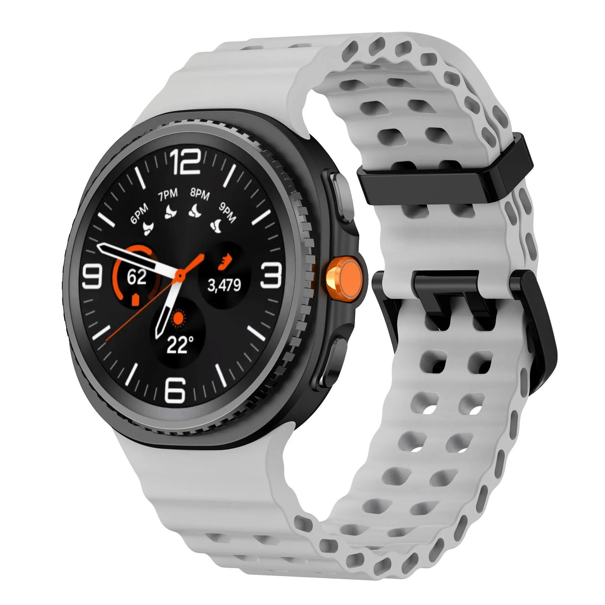 Silicone Ocean Strap, grey, on a watch, 3/4 front view